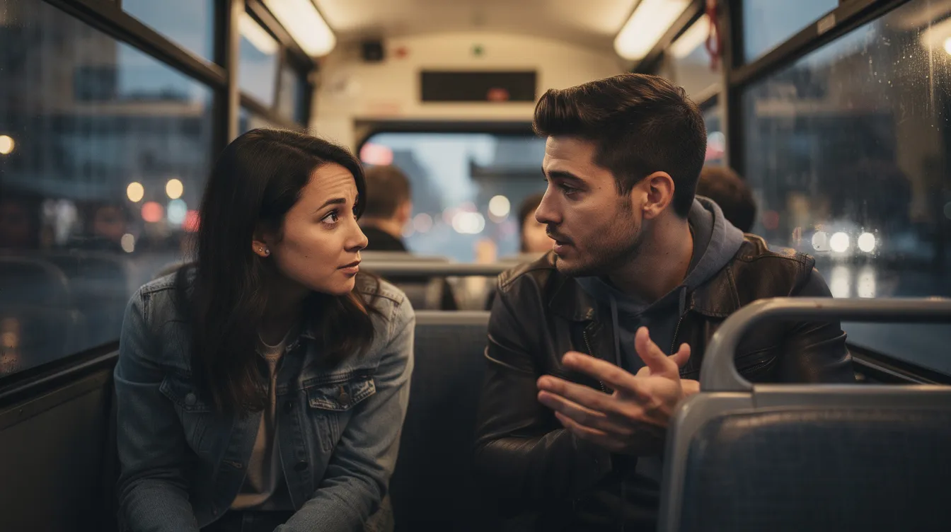 A couple is engaged in a deep conversation on a bus, demonstrating effective communication through eye contact and attentive body language. Their exchange reflects a healthy relationship as they openly express their own feelings and actively listen to each other, fostering a strong emotional connection.