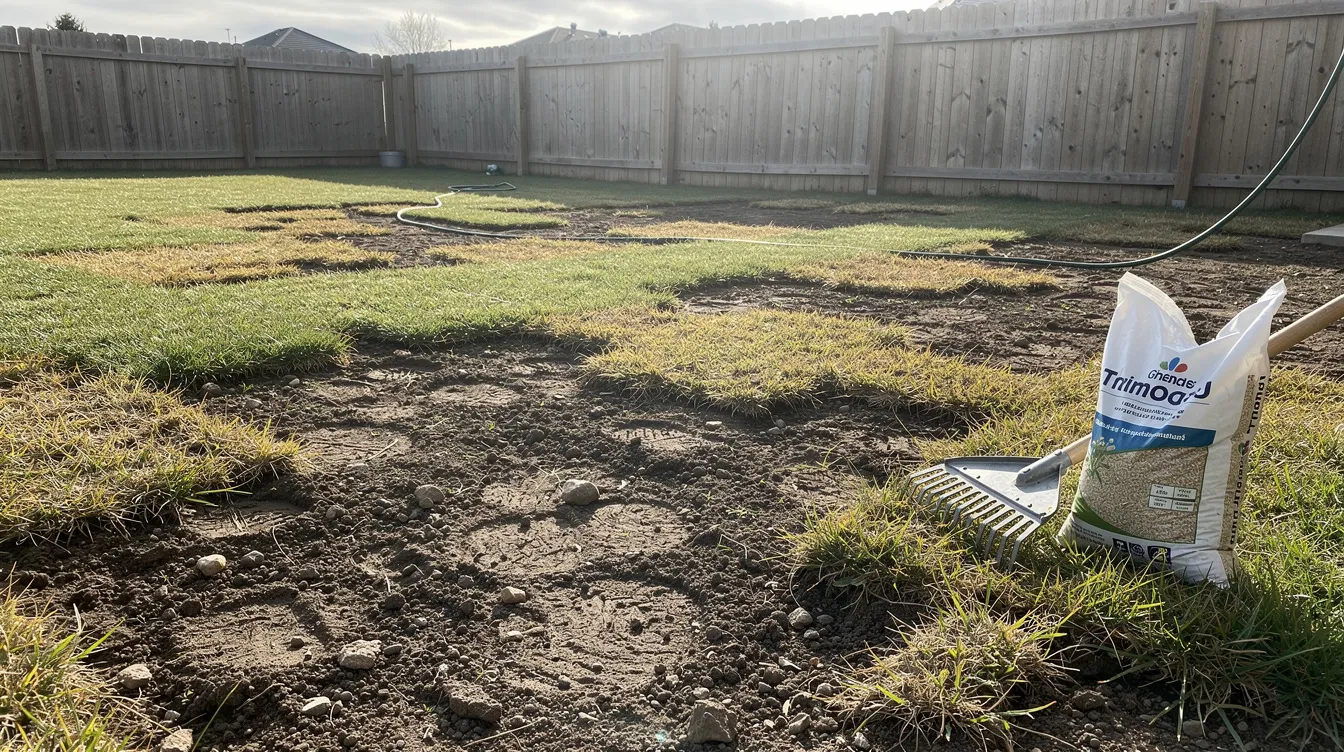 The image depicts a patchy lawn with visible bare soil areas, indicating a need for renovation. This lawn may benefit from the right lawn feed and grass seed to promote healthy growth and achieve a lush green appearance.