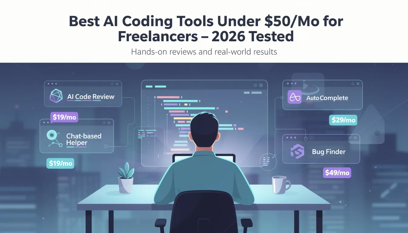 The image showcases a visually appealing infographic titled "Best AI Coding Tools Under $50/Mo for Freelancers – 2026 Tested," featuring various AI coding tools designed to enhance coding efficiency. It highlights key features such as intelligent code suggestions, code completion, and support for multiple programming languages, making it an ideal resource for developers looking to improve their coding workflow.