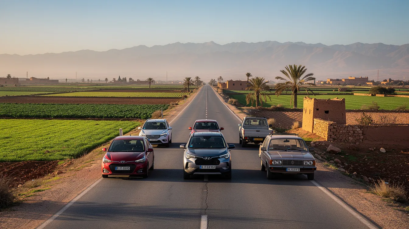 Plusieurs voitures alignées sur une route marocaine bordée de champs verts et de montagnes.