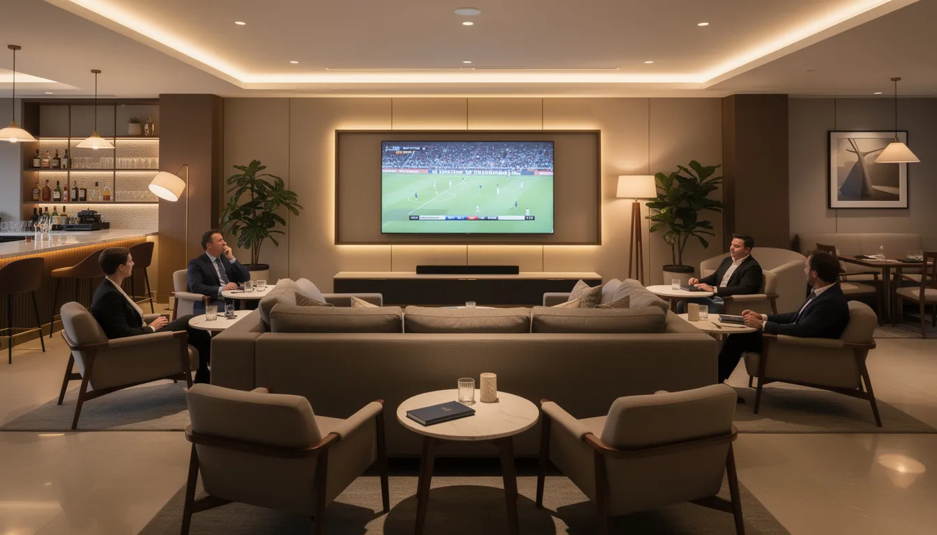 The image depicts a professional television setup in a modern restaurant lounge, featuring a sleek flat-screen TV mounted on the wall, surrounded by comfortable seating and stylish decor. This setup highlights the importance of skilled DSTV installers in Camps Bay, ensuring seamless viewing and efficient DSTV installation services for patrons.