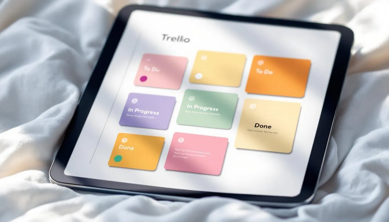 Un tableau Kanban sur l'application Trello affich&eacute; sur un iPad.