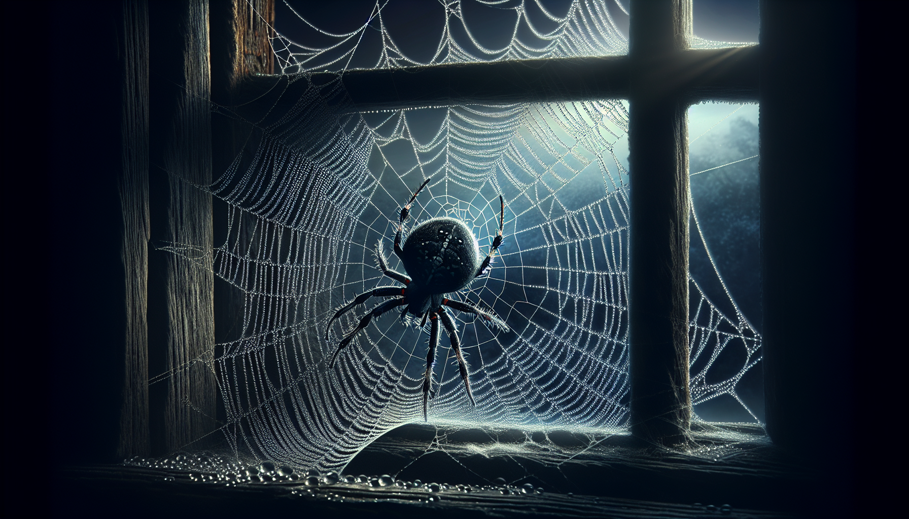 Black house spider crawling on a web