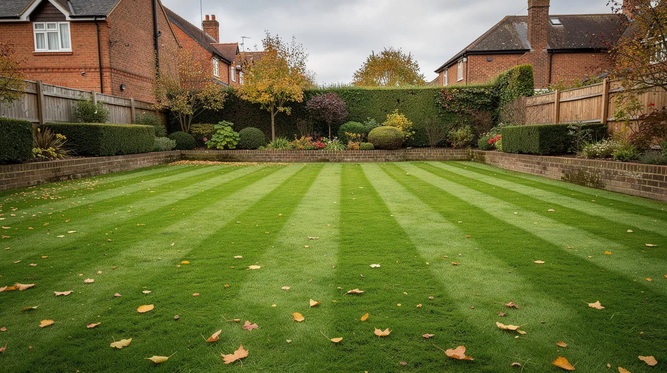 The image depicts a well-maintained, lush green lawn in the UK during autumn, featuring distinct stripes that enhance its visual appeal. This healthy lawn is ideal for autumn lawn care, showcasing vibrant grass roots and a robust soil structure, perfect for lawn renovation and feeding before the winter season.
