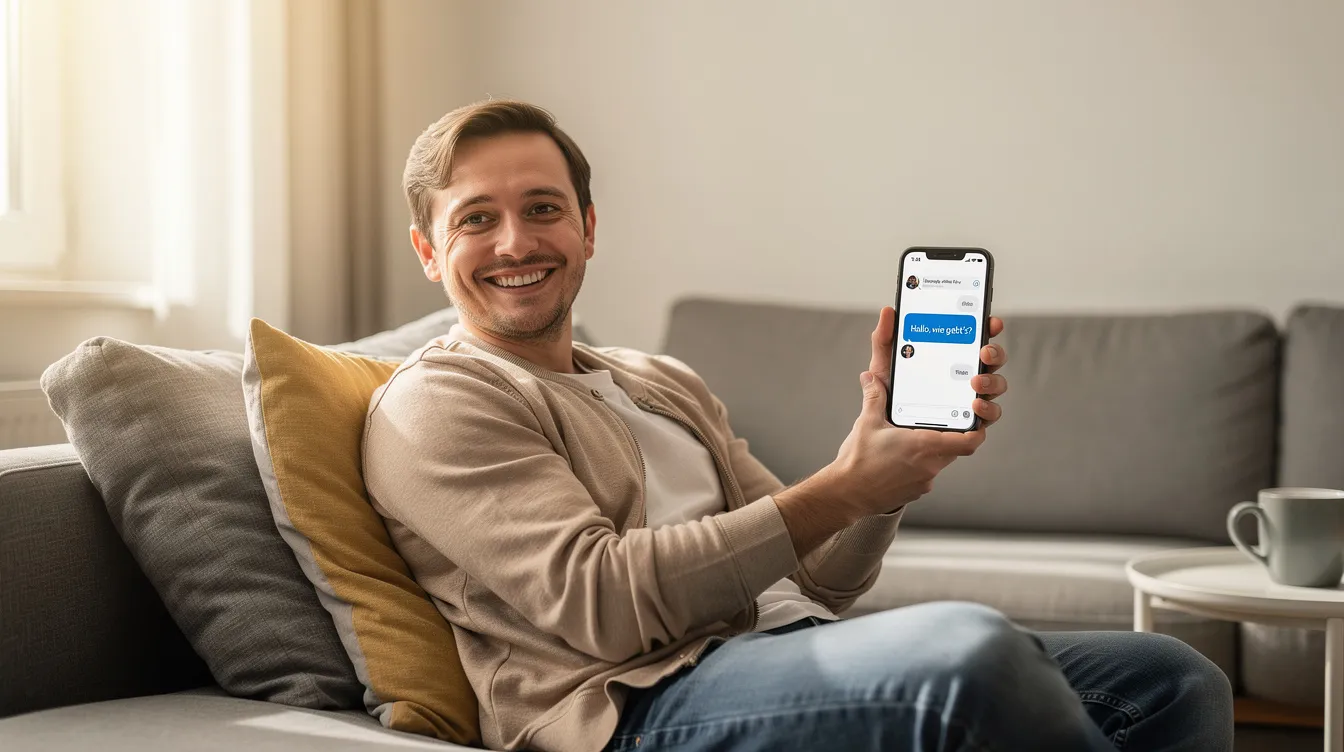 Eine lächelnde Person sitzt entspannt auf einem Sofa und hält ein Smartphone in der Hand, bereit für Gespräche und Begegnungen in der Welt der Partnersuche. Die Atmosphäre strahlt Freude und Offenheit aus, während diese Person nach ihrem Traumpartner sucht.