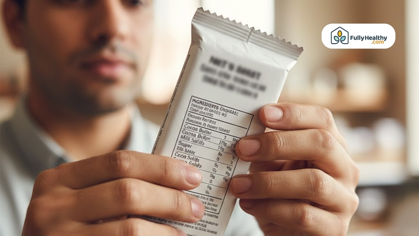 Man reading chocolate bar ingredients focusing on cocoa butter and cocoa solids