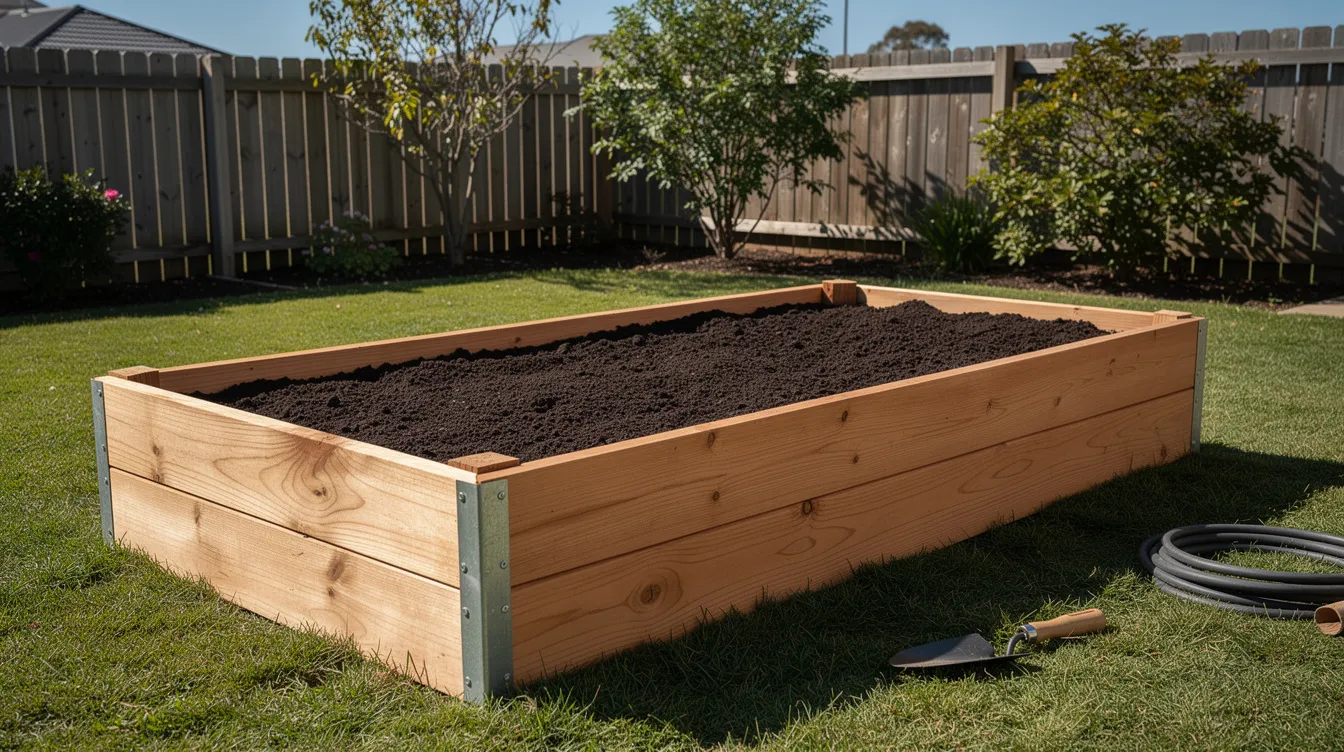 The image shows a wooden raised bed garden filled with rich, dark soil, situated in a sunny backyard, ideal for organic gardening. This setup is perfect for growing vegetables and herbs, promoting soil fertility and providing an inviting space for organic gardeners to cultivate their own edible garden.