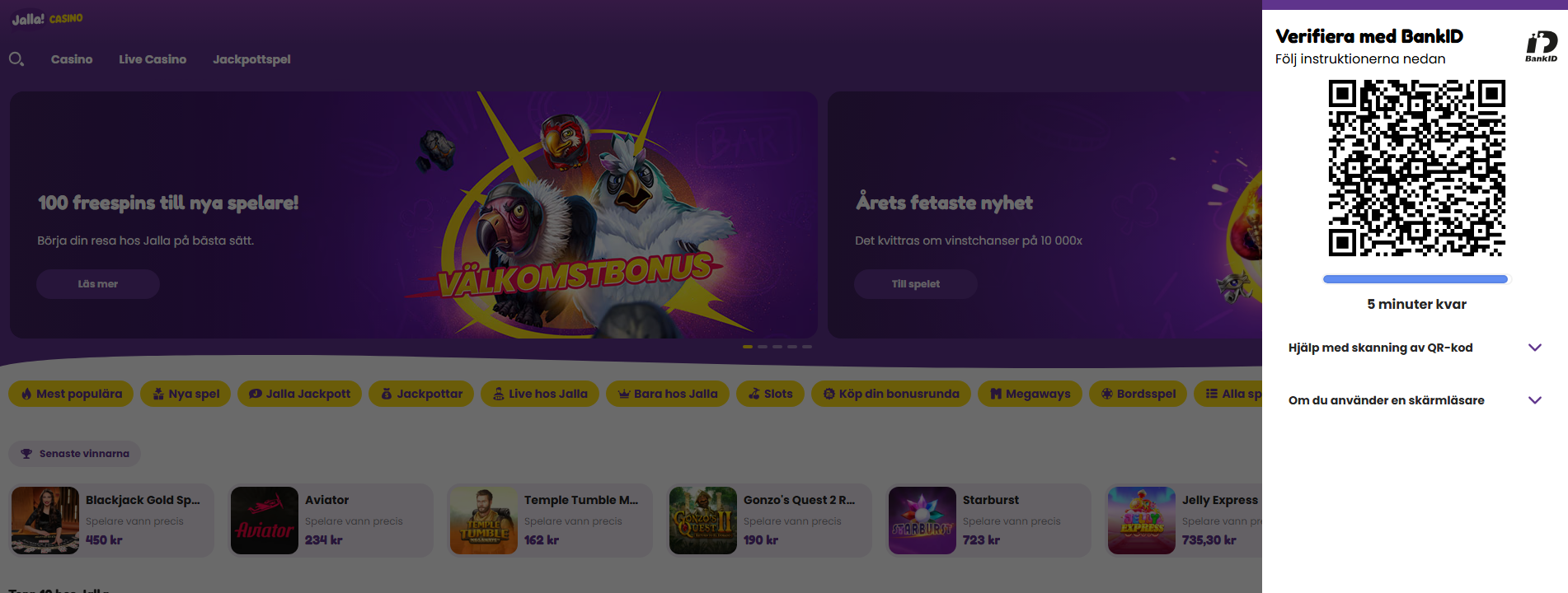 Jalla Casinos startsida med BankID-verifiering via QR-kod.