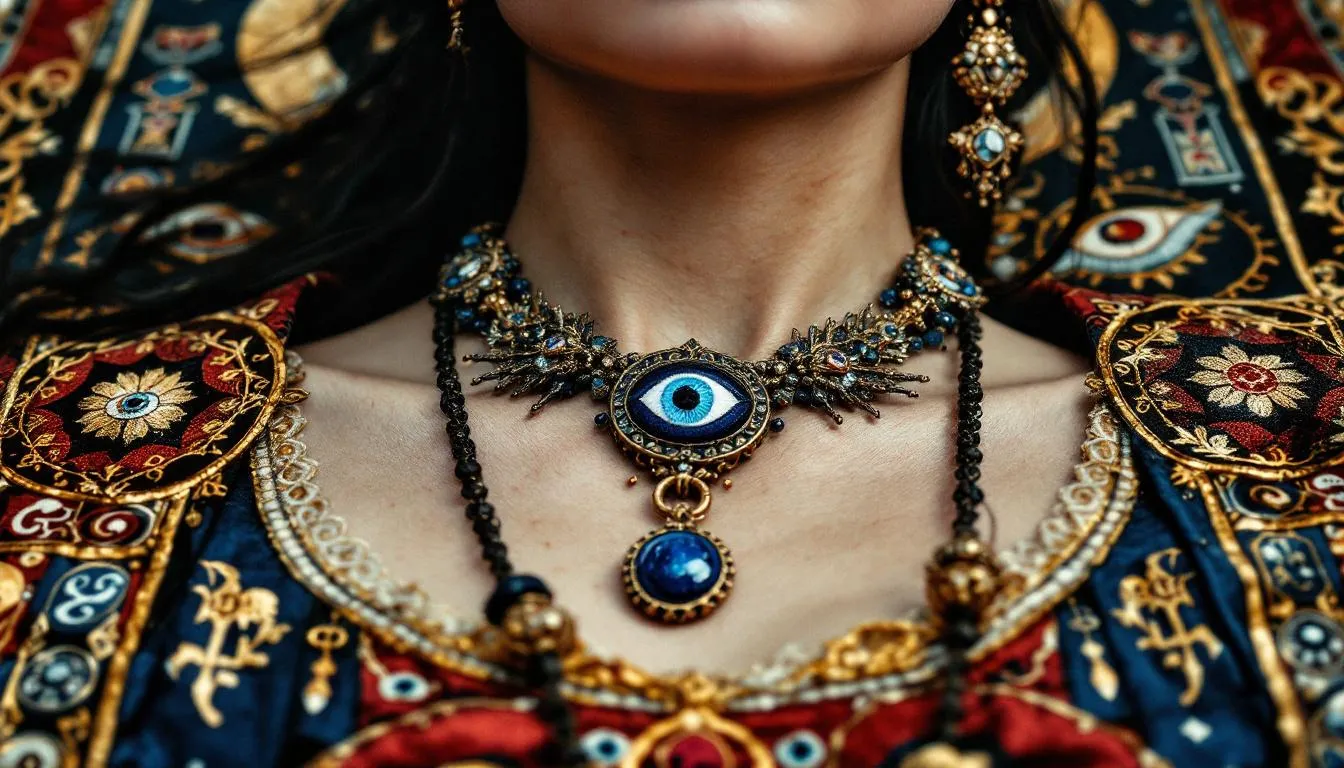 An individual wearing an evil eye necklace, symbolizing protection.