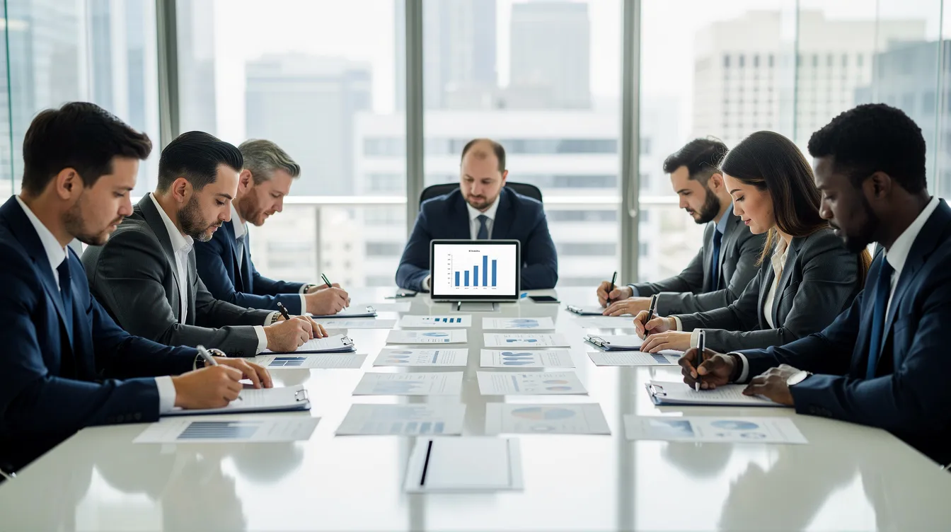 A group of business professionals is gathered around a conference table, actively reviewing documents related to company policies and regulations, possibly discussing topics such as GPS tracking laws by state and the implications of electronic tracking devices for legitimate business purposes. The atmosphere is focused and collaborative, highlighting the importance of understanding tracking laws and privacy considerations in the workplace.