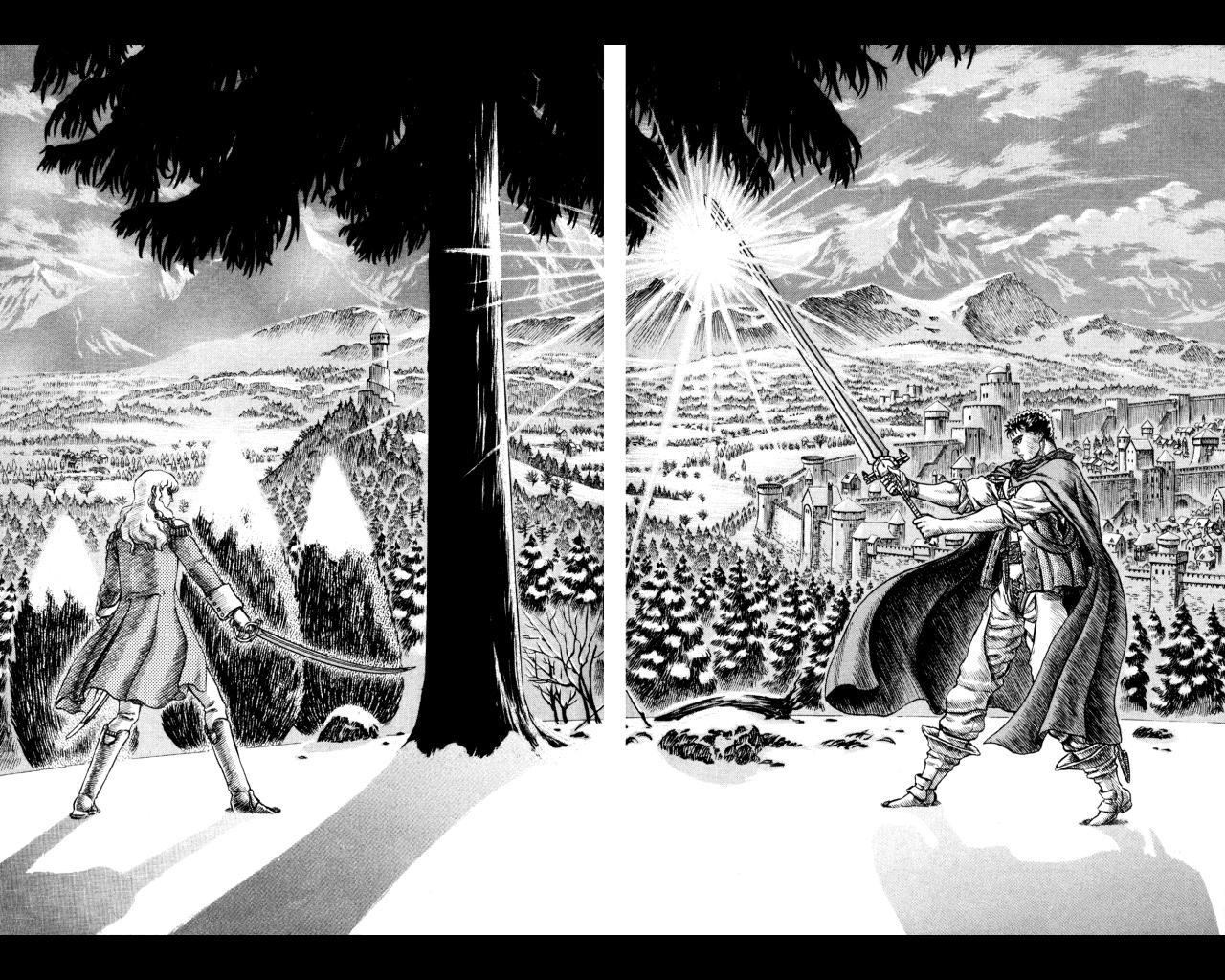 Griffith and Guts last fight with each other to determine whether Guts will stay with the Band of the Hawk from Berserk