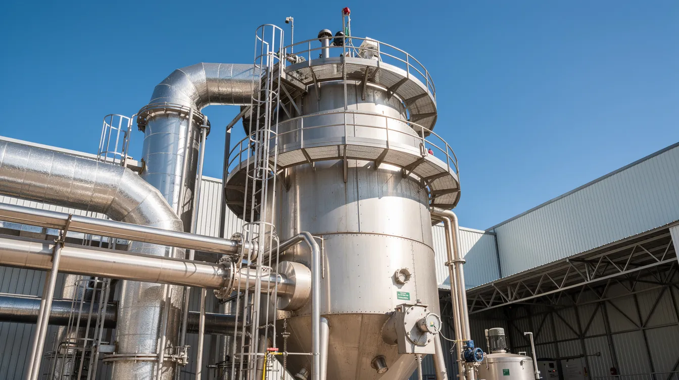 ba9f5a11 87ab 4c4a b9ad 57798dbf626e The image depicts a large industrial spray drying tower, integral to the milk protein concentrate manufacturing process, with extensive piping visible against a clear blue sky at a food processing plant. This facility plays a crucial role in producing various dairy products, including whey protein and milk powder, essential for the food and beverage industry.