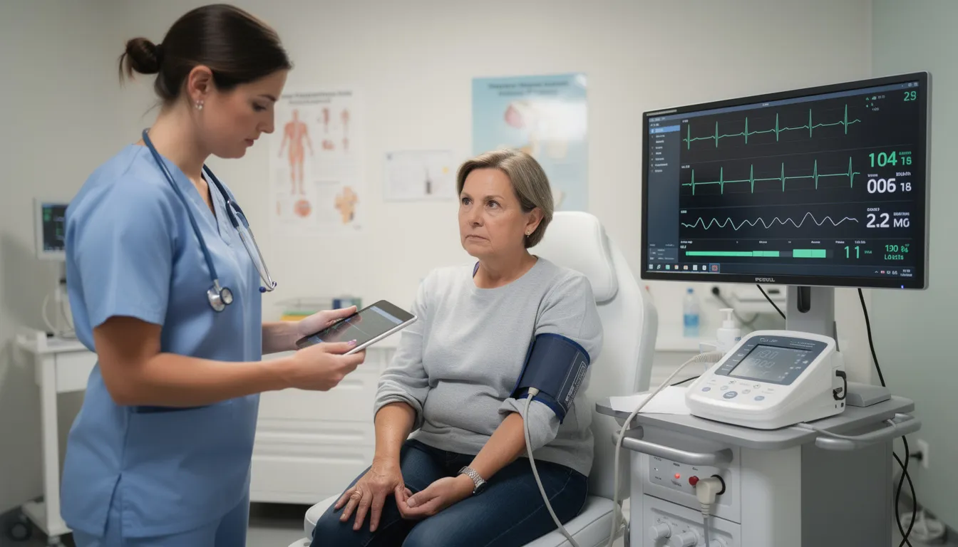 A medical professional is seen closely monitoring a patient's heart rate and blood pressure during a clinical assessment, ensuring accurate readings that are essential for evaluating cardiovascular health. This assessment may also relate to the benefits of heat therapy, which can activate heat shock proteins and support overall immune function and cellular repair.