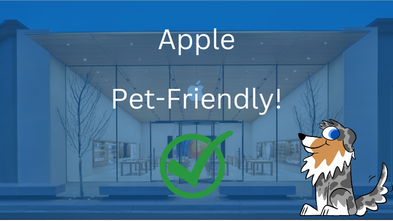 Image of our cartoon dog on a banner that says "Apple Pet Friendly!" with a green checkmark below it. 