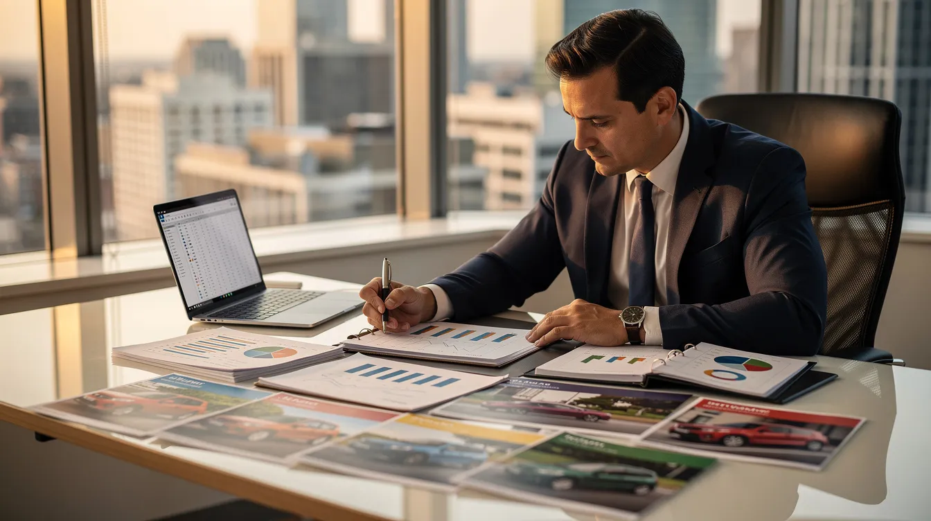 An entrepreneur is seated at an office desk, meticulously reviewing financial documents and a detailed transport business plan, while vehicle brochures are spread out around them. This scene highlights the preparation and strategic planning essential for launching a successful transport business in the competitive transportation industry.