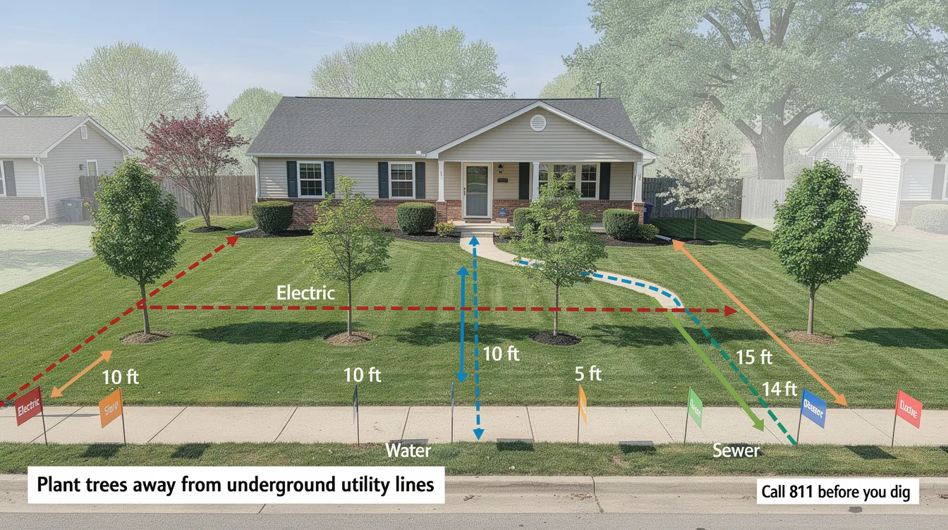 The image depicts a homeowner's yard with strategically placed trees, ensuring they are positioned away from underground utility lines, including sewer pipes. This careful placement helps prevent potential issues like root intrusion that could lead to broken sewer lines or costly sewer line repairs.