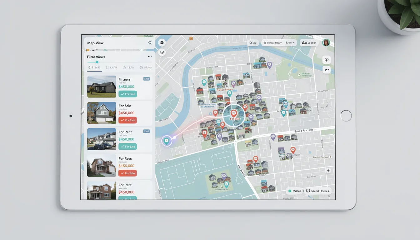 The image depicts a digital map interface showcasing connected real estate listings, highlighting various property features and locations for potential buyers. This user-friendly experience allows real estate agents and professionals to effectively navigate the real estate market and enhance their property search capabilities.