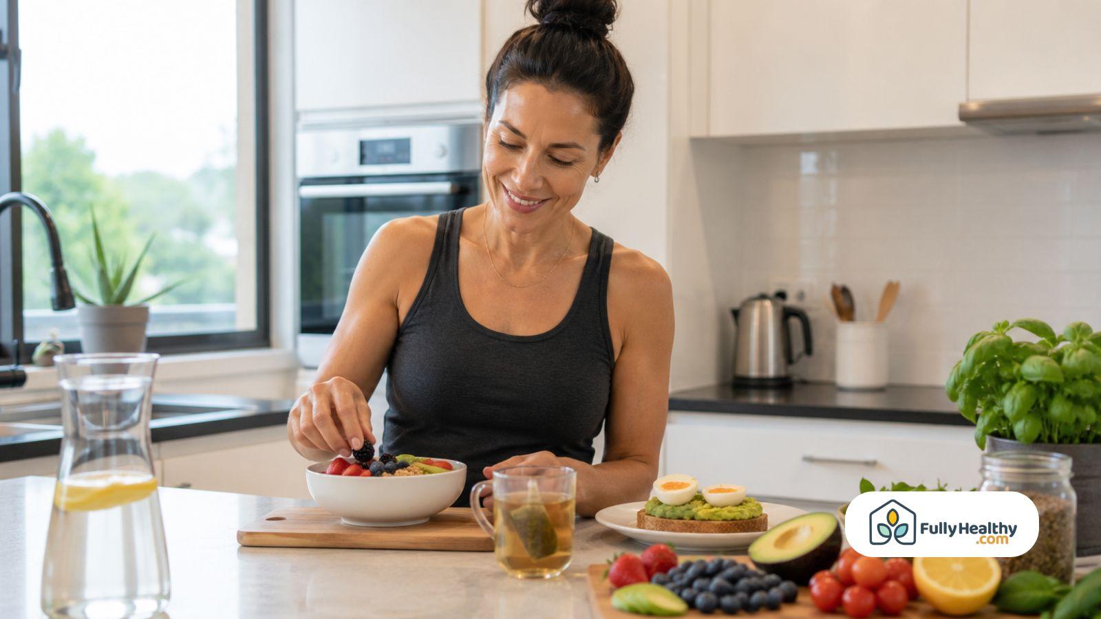 Woman preparing nutritious breakfast with fresh ingredients supporting balanced healthy daily nutrition choices