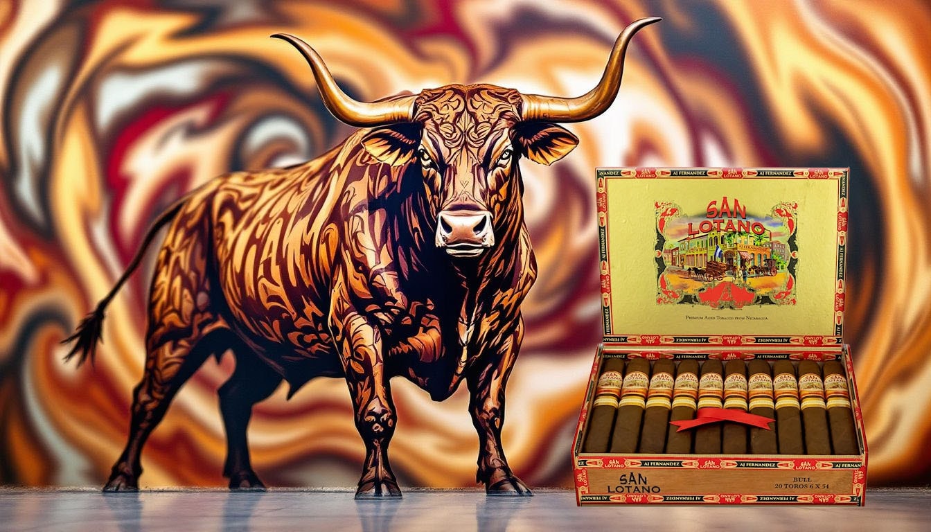 Overview of AJ Fernandez San Lotano The Bull Cigars with a blurred cigar in the background.