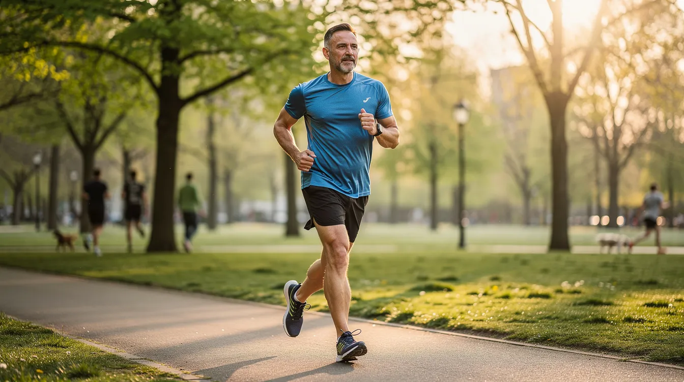 A middle-aged man jogs in a park during the morning light, showcasing a commitment to overall health and fitness. Regular exercise can help improve blood flow and support sexual function, potentially addressing issues like erectile dysfunction and enhancing sexual performance.