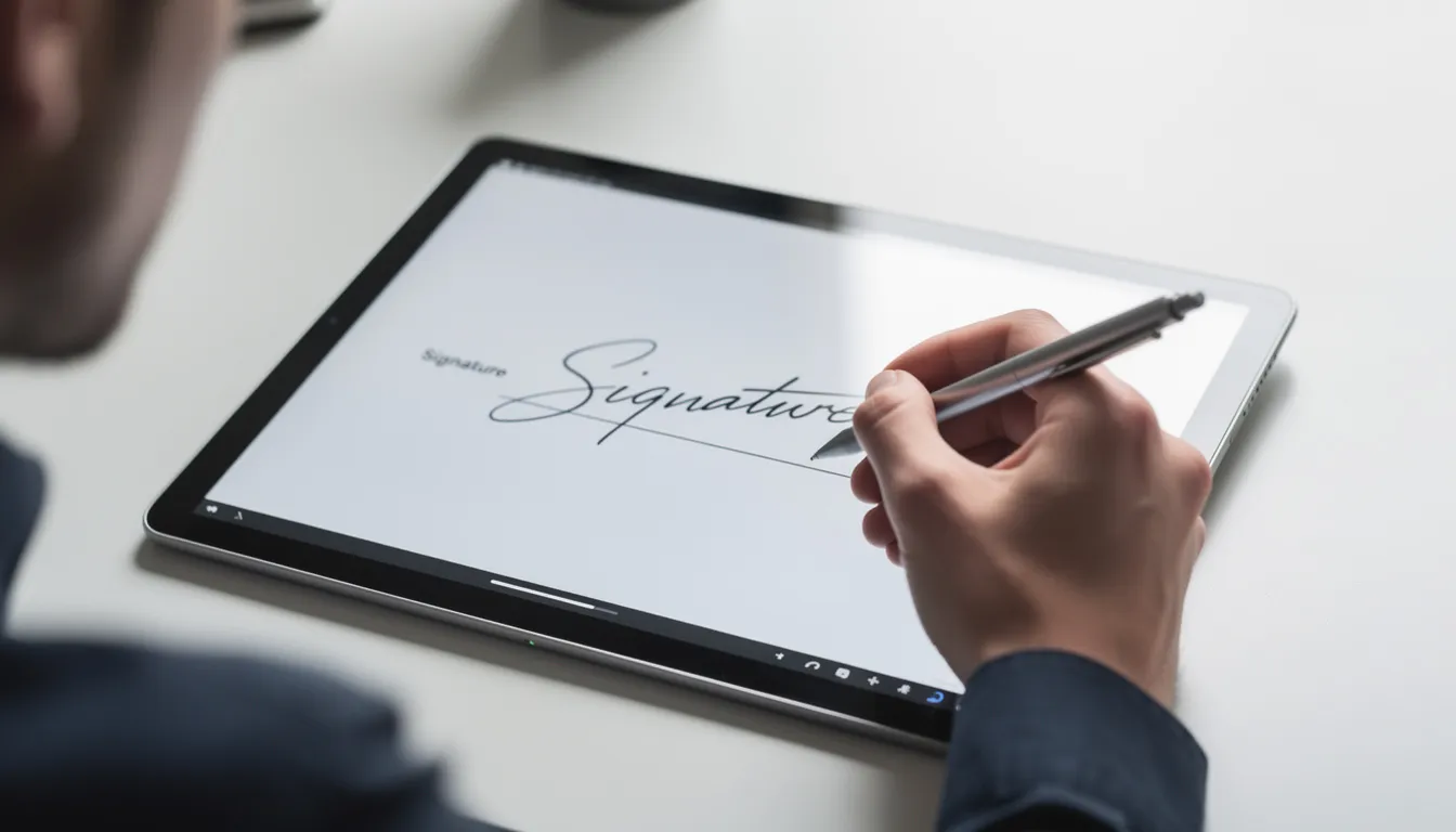Una persona está dibujando su firma en la pantalla de una tableta utilizando un lápiz digital, lo que sugiere un proceso de firma electrónica para documentos médicos. Esta acción puede estar relacionada con la gestión de la información del paciente en un sistema de historia clínica electrónica.