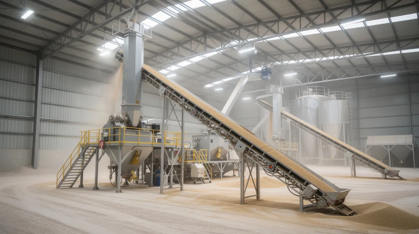 baae22e0 9b4c 45f2 9c3f 54d574ea21db The image depicts an industrial grain processing facility featuring advanced machinery, including conveyors and bucket elevators, designed for efficient grain cleaning, sorting, and storage. This setup plays a crucial role in the food supply chain, ensuring the quality and safety of harvested grains like rice and wheat while minimizing post-harvest losses.