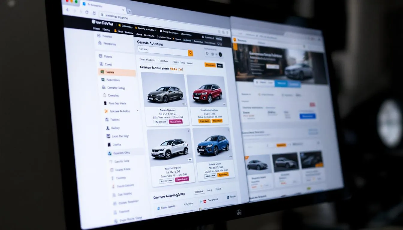 Een computer scherm toont verschillende Duitse auto websites met zoekfilters voor het importeren van auto’s, inclusief opties voor tweedehands auto’s en benodigde documenten zoals Duitse autopapieren en RDW keuring. Het scherm is gevuld met informatie over het volledige importproces en de kosten die hierbij komen kijken.