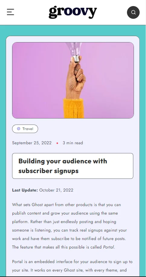 Screenshot of Groovy blog layout on mobile