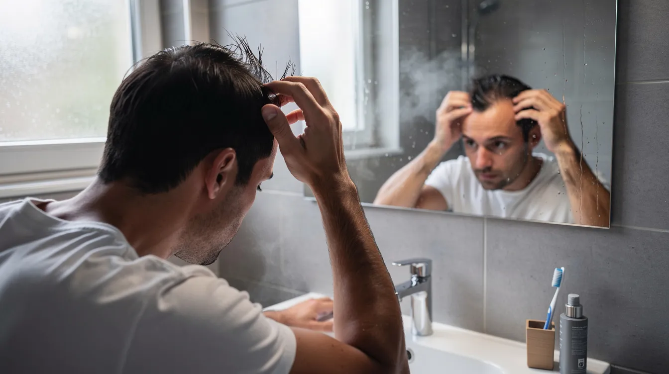 A man stands in front of a bathroom mirror, examining his thinning hair and assessing the condition of his scalp. He appears concerned about hair loss and is considering options like hair growth shampoo to stimulate new growth and strengthen his hair.