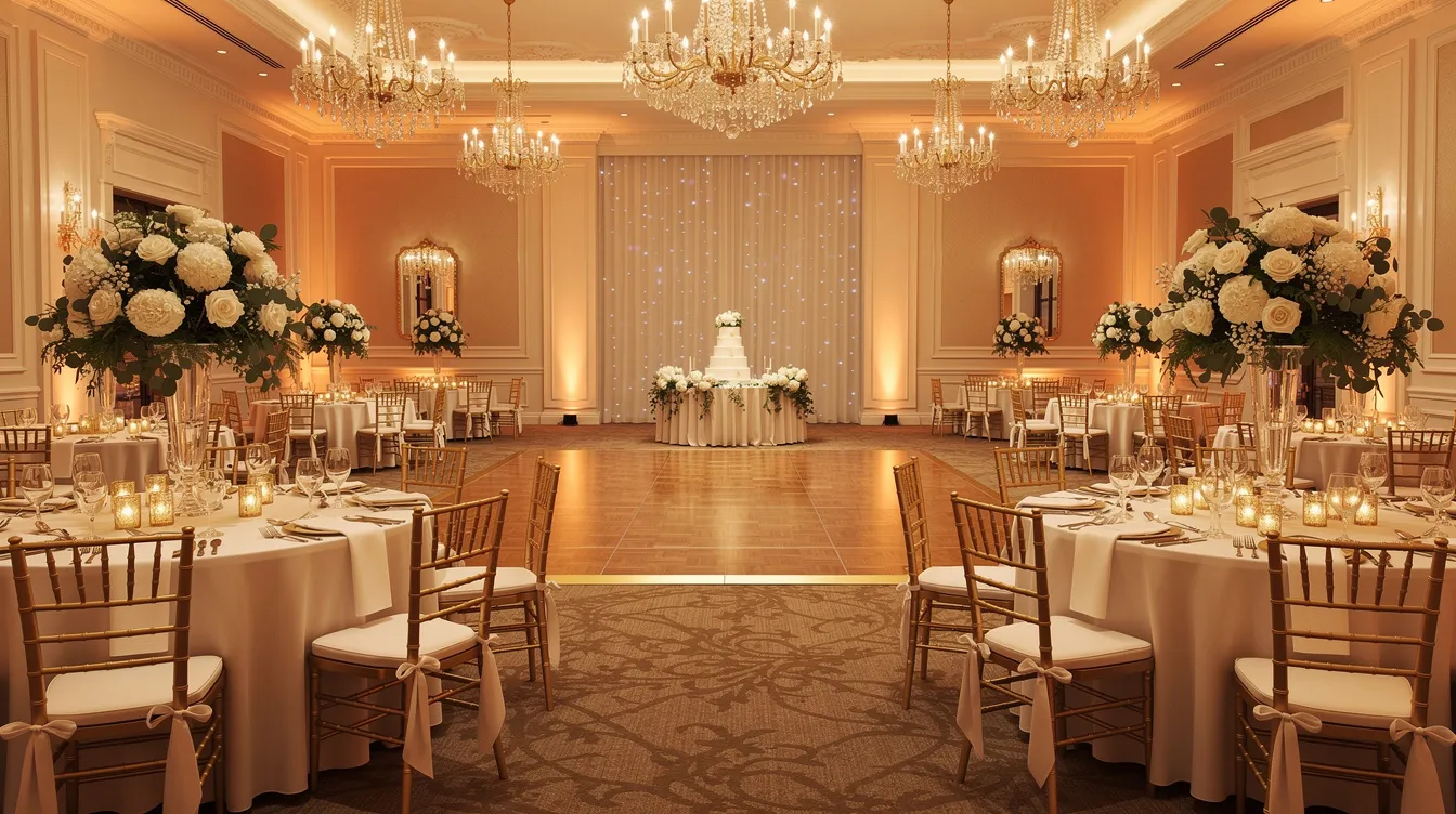 bab45c2e ff7d 4c0d a935 f39041f08437 The image depicts an elegant hotel banquet hall beautifully set up for a wedding reception, featuring soft ambient lighting that enhances the romantic atmosphere. The luxurious setting showcases tables adorned with fine linens and floral arrangements, perfect for celebrating special moments in the hospitality industry.