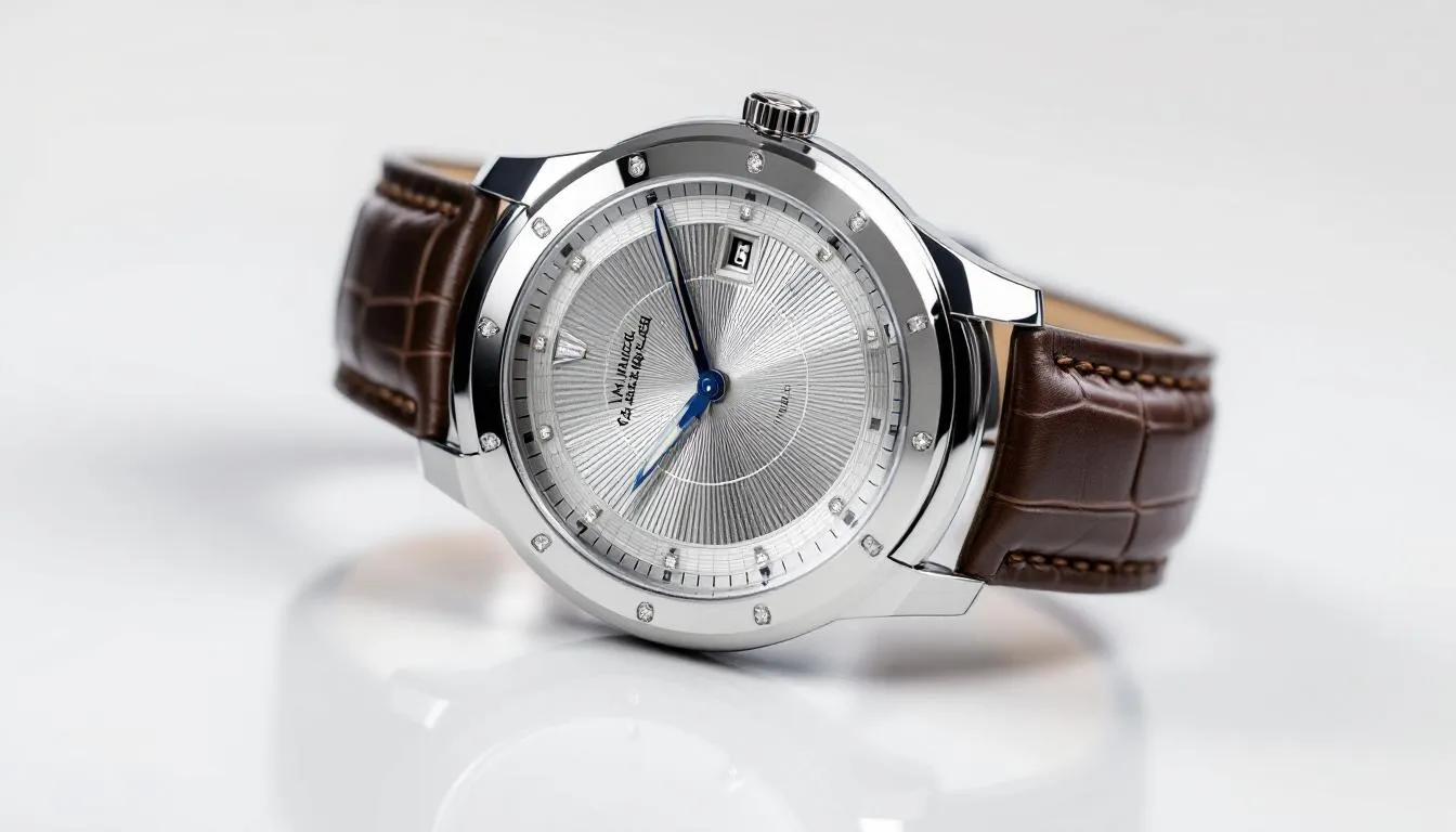 A luxurious men's watch with a shiny metallic finish and intricate details.