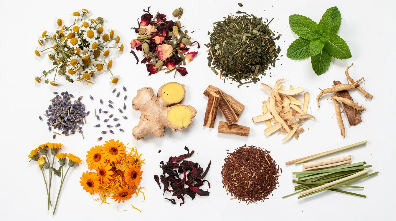 The image displays an assortment of herbal tea ingredients, including dried flowers, roots, and leaves, meticulously arranged on a white surface. These natural remedies, such as chamomile and lavender, are often used as sleep aids to promote relaxation and improve sleep quality.