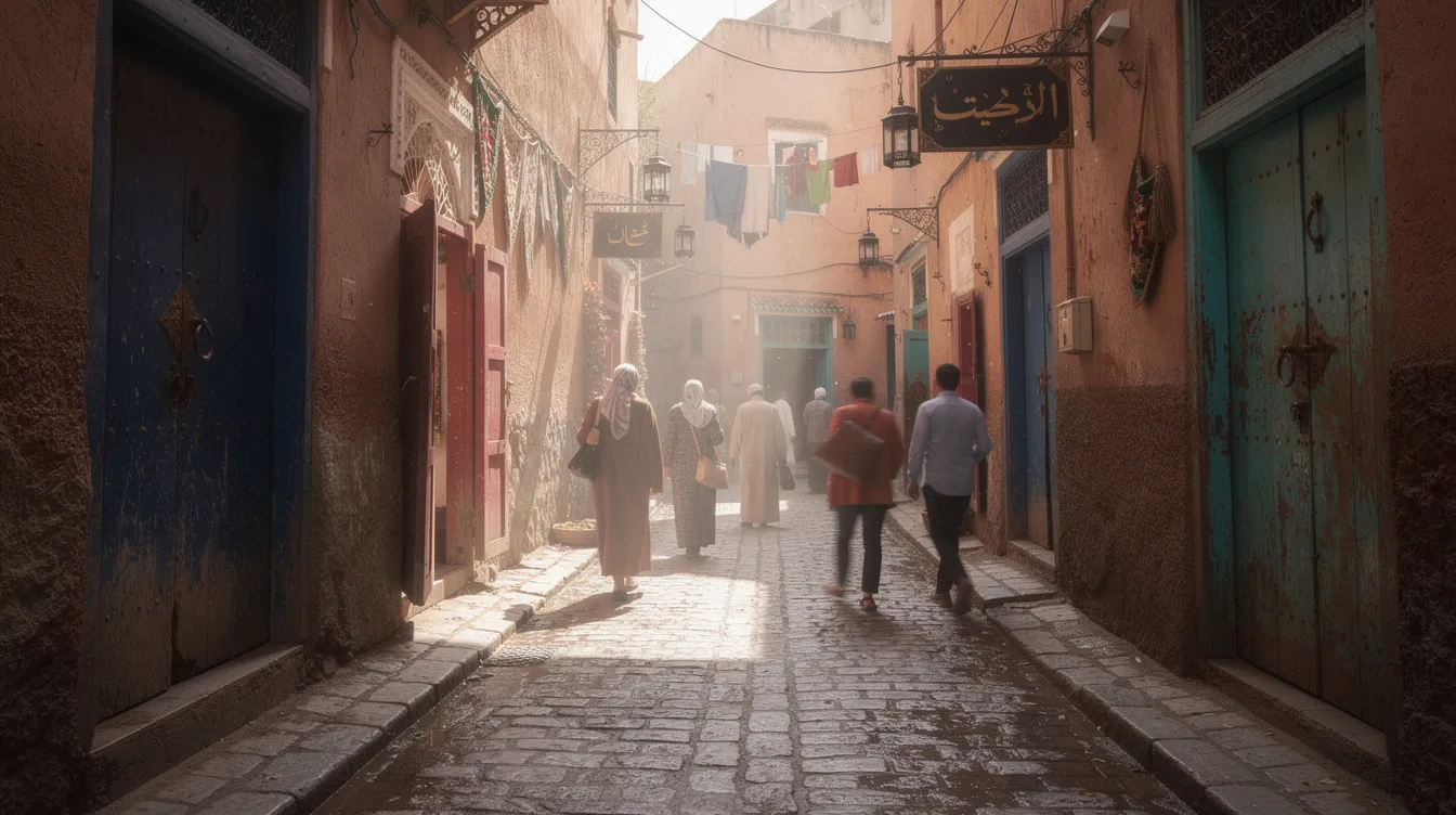 A narrow cobblestone alley in the Fes medina features vibrant, colorful doors and a few pedestrians strolling through, capturing the essence of real Morocco. This picturesque scene invites travelers to explore the hidden gems of this beautiful country, perfect for those on a private Morocco tour.