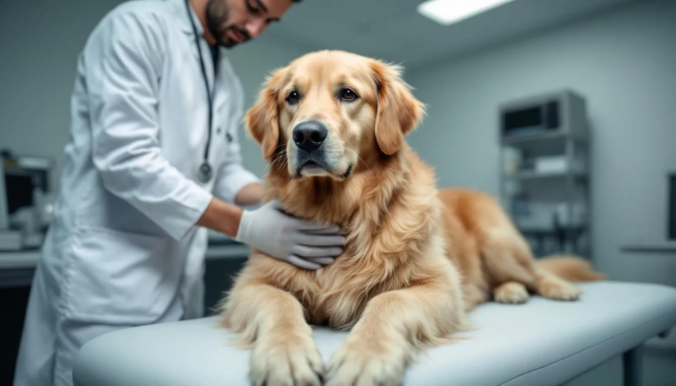A golden retriever is being examined by a veterinarian in a clinical setting, with the vet checking the dog