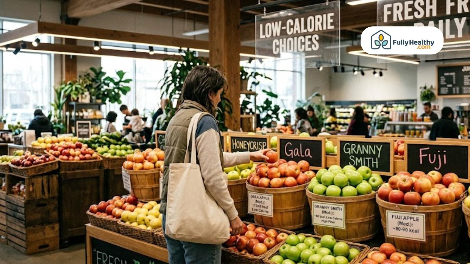 Person choosing apples in grocery store under low calorie choices sign