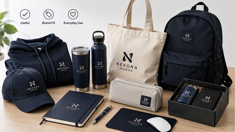 Premium branded merchandise set with hoodie, cap, tote bag, backpack, drinkware, notebook, and gift box.