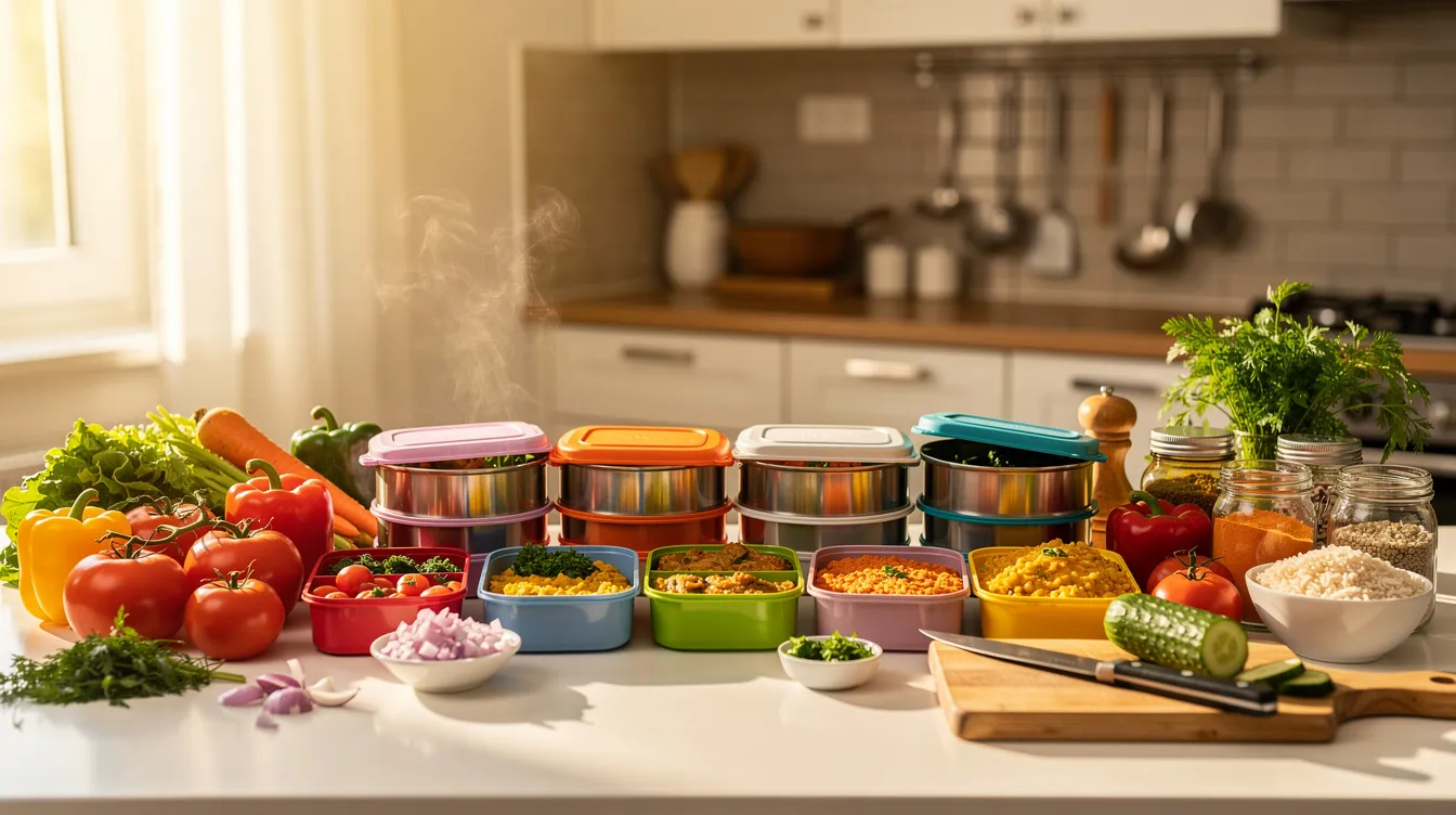 The image depicts a cozy kitchen counter adorned with neatly packed tiffin boxes alongside fresh ingredients, creating a warm environment ideal for home cooking. This setting reflects the essence of a profitable business idea in the food industry, highlighting the appeal of catering and meal prep services for small business owners.