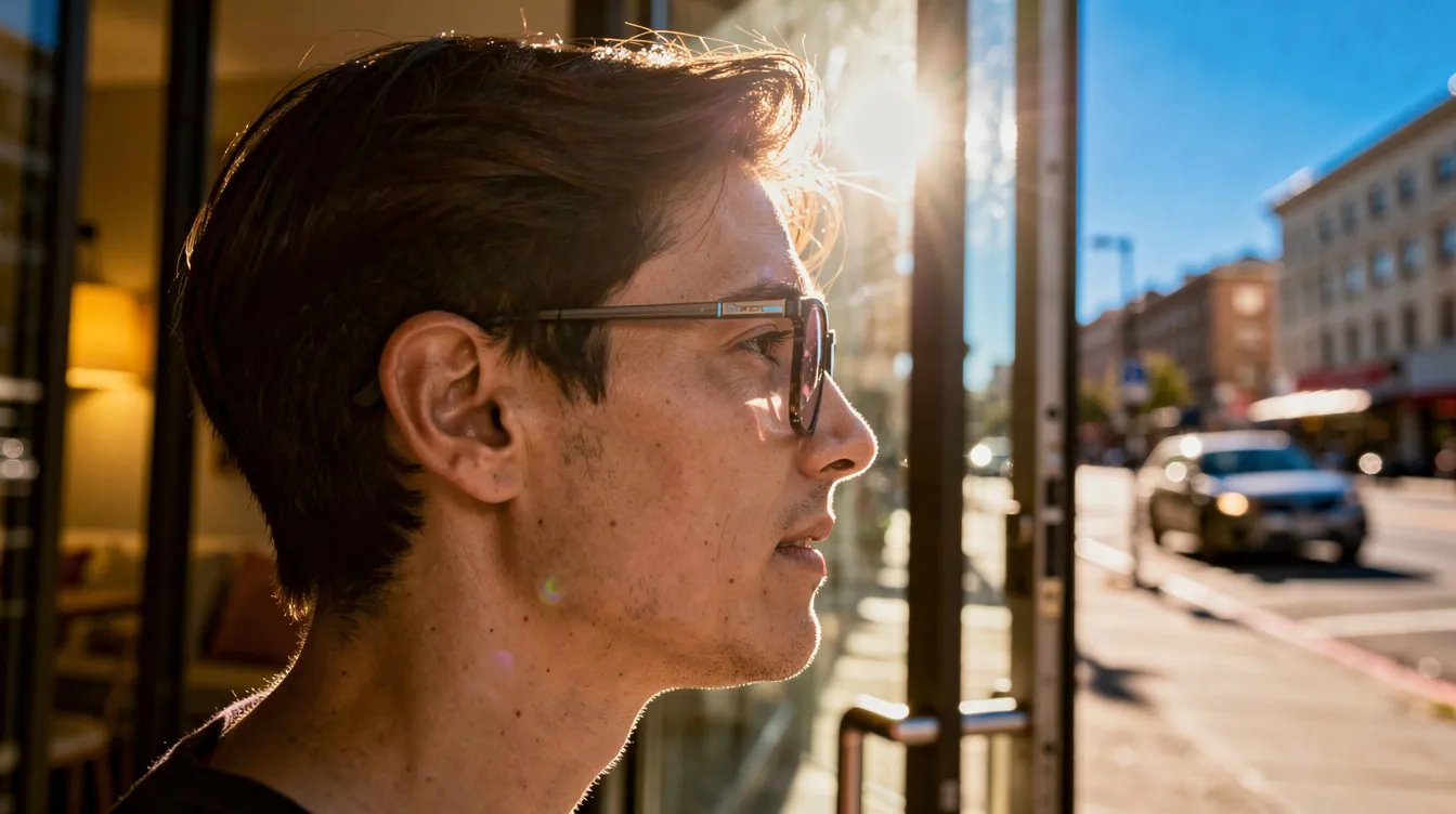 Uma pessoa está caminhando de um ambiente interno bem iluminado em direção a uma rua ensolarada, usando óculos que podem ser da marca Carl Zeiss, destacando a importância da tecnologia óptica para a saúde da visão. A luz do sol ilumina seu rosto, criando um contraste com a sombra do interior.