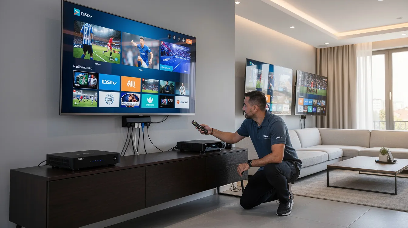 The image showcases a professional multi-room DStv decoder setup in a modern living room, featuring multiple TVs connected to separate decoders, including a DStv Explora and HD PVR. The setup highlights the use of a satellite dish, coaxial cables, and a smart LNB, allowing the whole family to enjoy various TV channels simultaneously through an extra view installation.