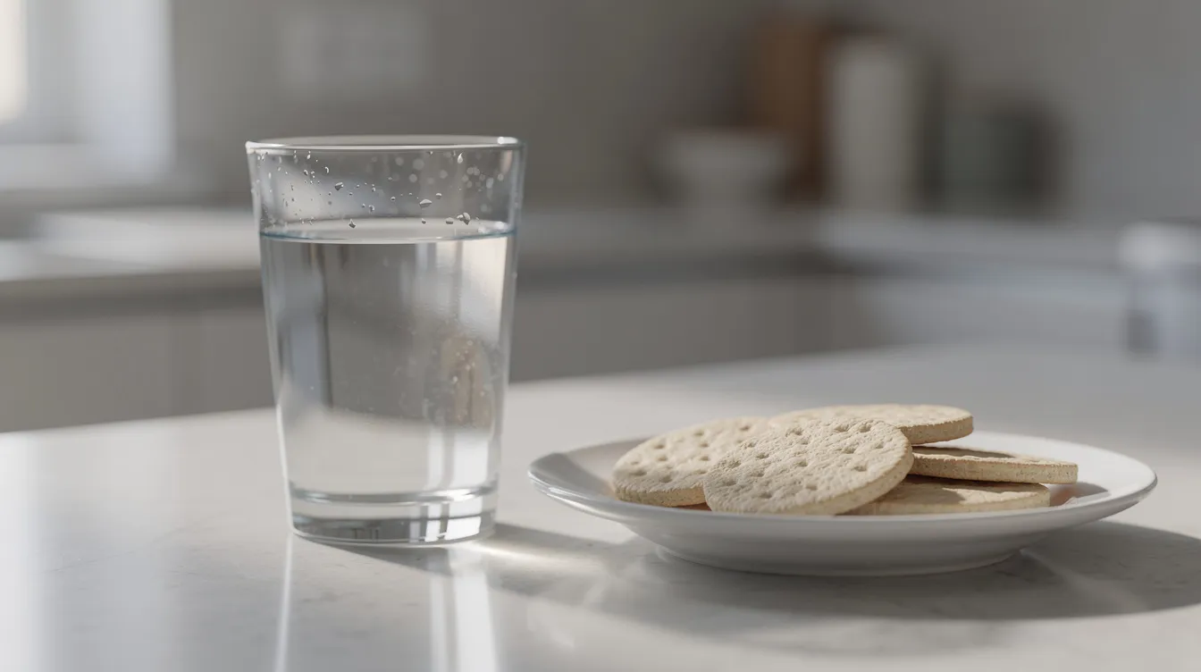 The image shows a glass of water beside a small plate of plain crackers placed on a kitchen counter, suggesting a simple meal or snack option. This scene evokes a sense of hydration and light eating, which can be important for those managing their weight or following a semaglutide treatment plan.