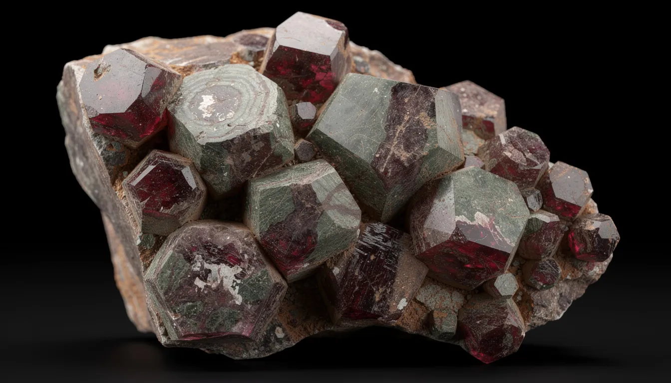 The image features a collection of Ugrandite garnets, showcasing various garnet crystals in shades of green and reddish brown. These gemstones are known for their unique crystal structure and are commonly found in metamorphic and igneous rocks, highlighting the diverse varieties within the garnet family.