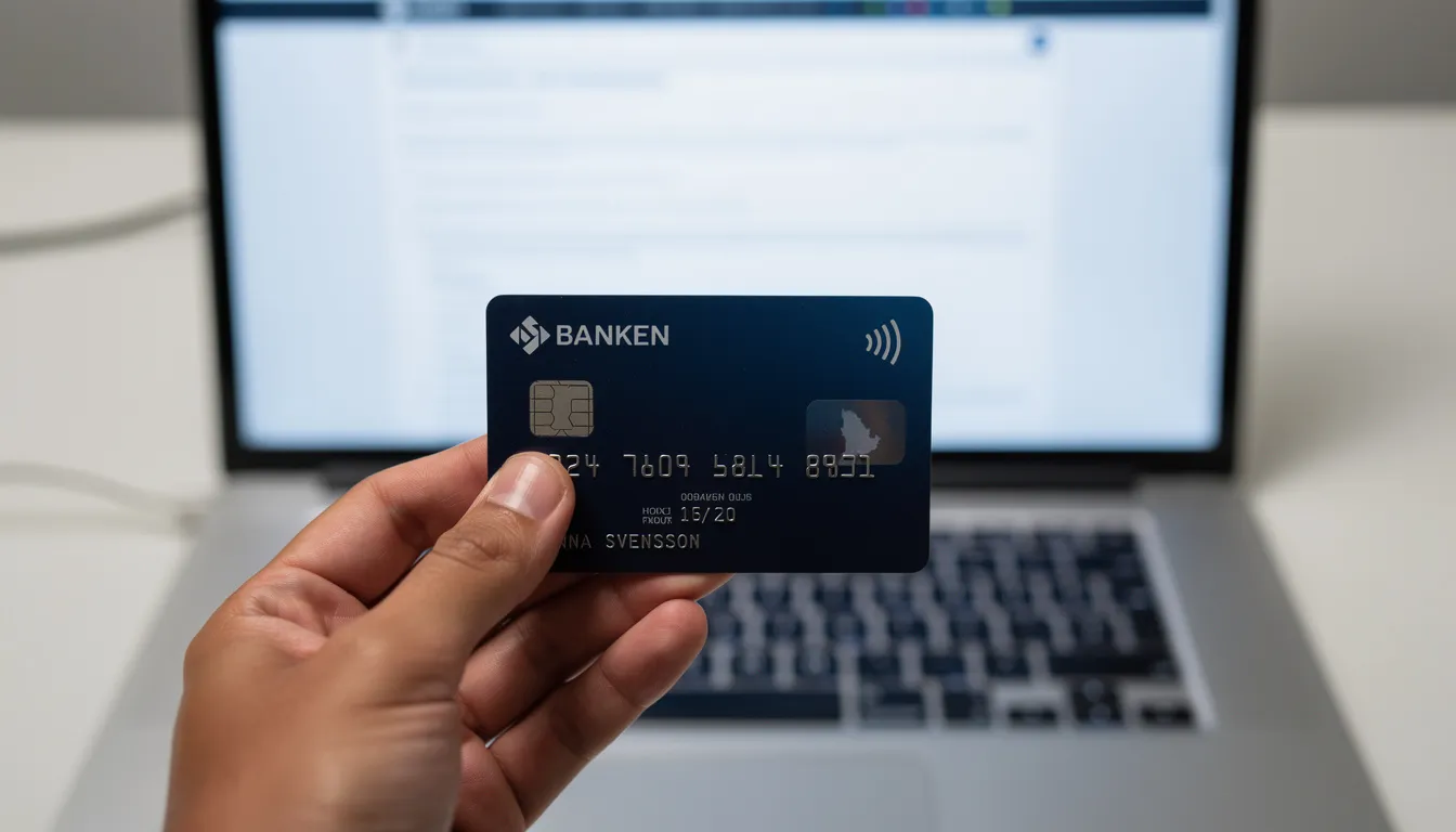 En närbild av en hand som håller ett bankkort, troligtvis ett Mastercard, framför en dator. Bilden illustrerar hur man kan använda sitt kort för insättningar och uttag på online casinon.