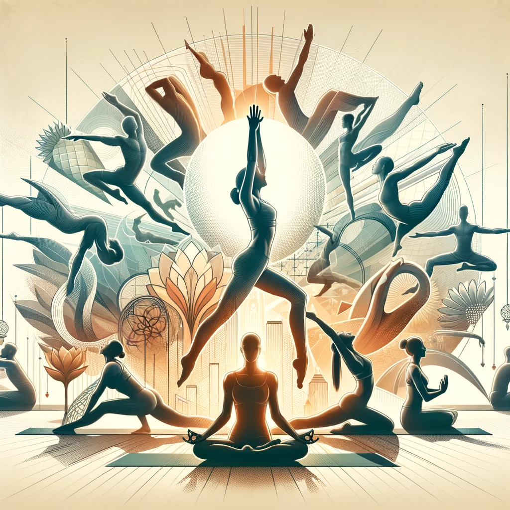 various yoga poses, known as asanas, in a harmonious and artistic arrangement. Central to the image is a silhouette of an individual in a meditative pose with the sun radiating in the background, symbolizing peace and enlightenment. Surrounding this figure are multiple silhouetted individuals engaged in a range of yoga poses, showcasing the diversity and fluidity of Hatha Yoga. Each pose is depicted with grace and precision, emphasizing the balance and strength required in yoga practice. The background features elements of nature and geometric designs, suggesting a connection between yoga and the natural world, as well as a sense of structure and order. This illustration would likely be used to represent the art and practice of yoga, highlighting its physical, mental, and spiritual benefits.