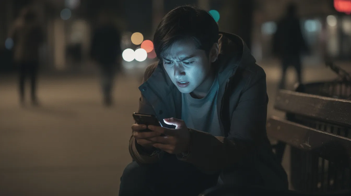 A person sits alone, looking anxiously at their smartphone, embodying the feelings of relationship anxiety that can negatively impact romantic relationships. This moment captures the struggle of an anxious partner, highlighting the importance of honest communication and professional support to manage anxiety and maintain healthy boundaries.