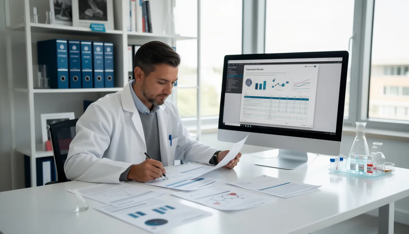 The image depicts a person in a professional environment, deeply focused on reviewing scientific documents and laboratory reports related to nmn supplements and their health benefits. The setting suggests a serious examination of clinical research and the potential advantages of high-quality nmn products for cellular health and longevity science.