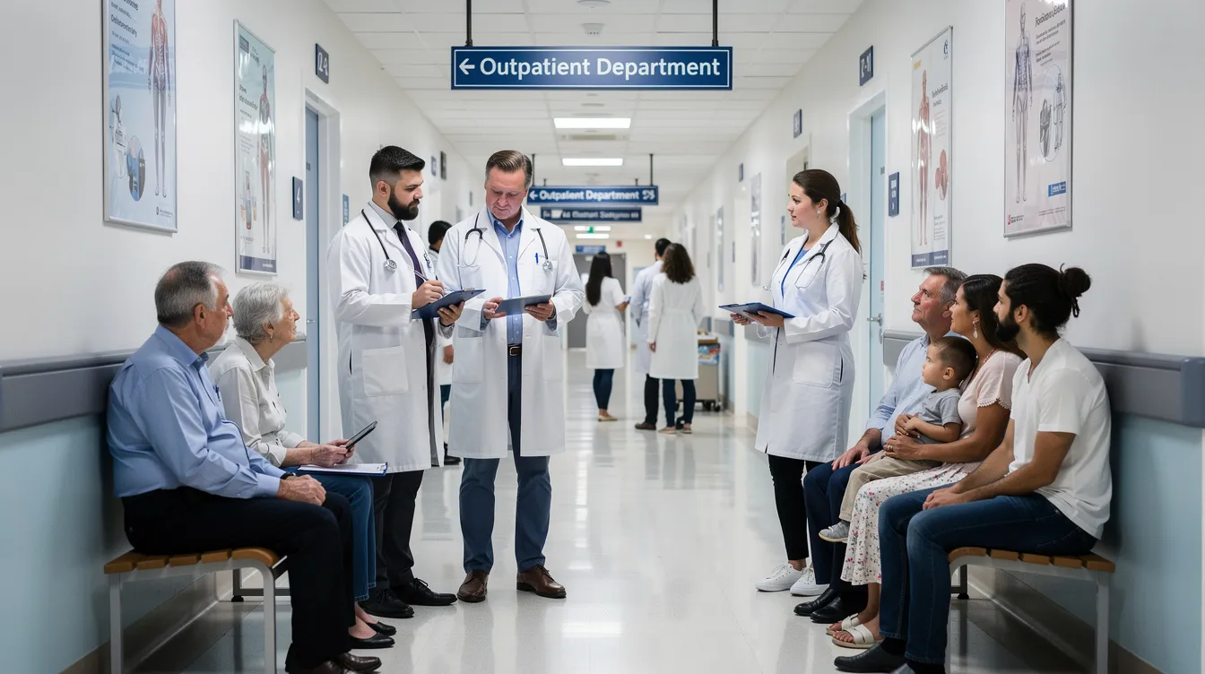 In a hospital outpatient department corridor, doctors are engaged in consultations with patients, providing quality medical services and addressing their healthcare needs. The scene reflects a multi speciality hospital environment focused on delivering comprehensive and advanced health care.