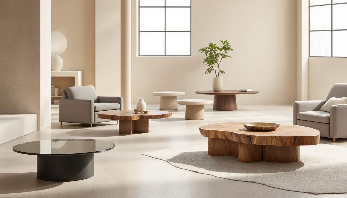 Various styles of coffee tables displayed in a furniture showroom.