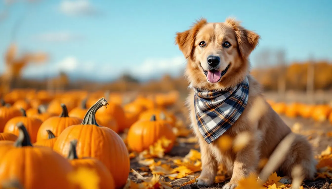 A handsome male dog with a plaid bandana sits contentedly beside a vibrant pumpkin patch, surrounded by the warm colors of fall. This furry friend embodies the spirit of the season, making it a perfect setting for choosing unique fall dog names.