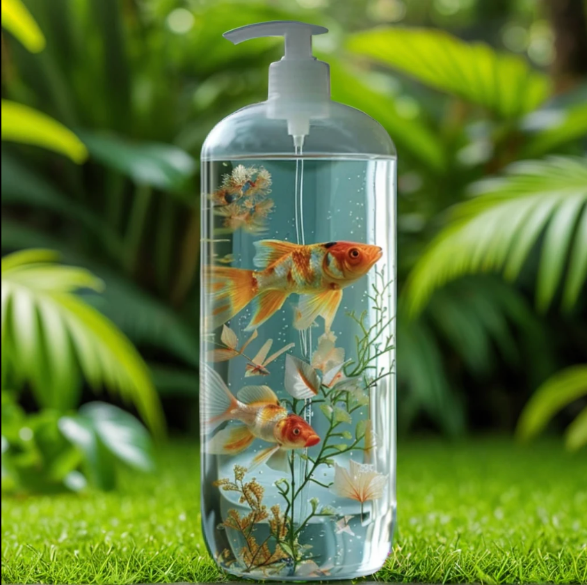 Soap dispenser mockup with goldfish inside, placed on green grass and surrounded by tropical leaves in a vibrant, nature-inspired outdoor setting.