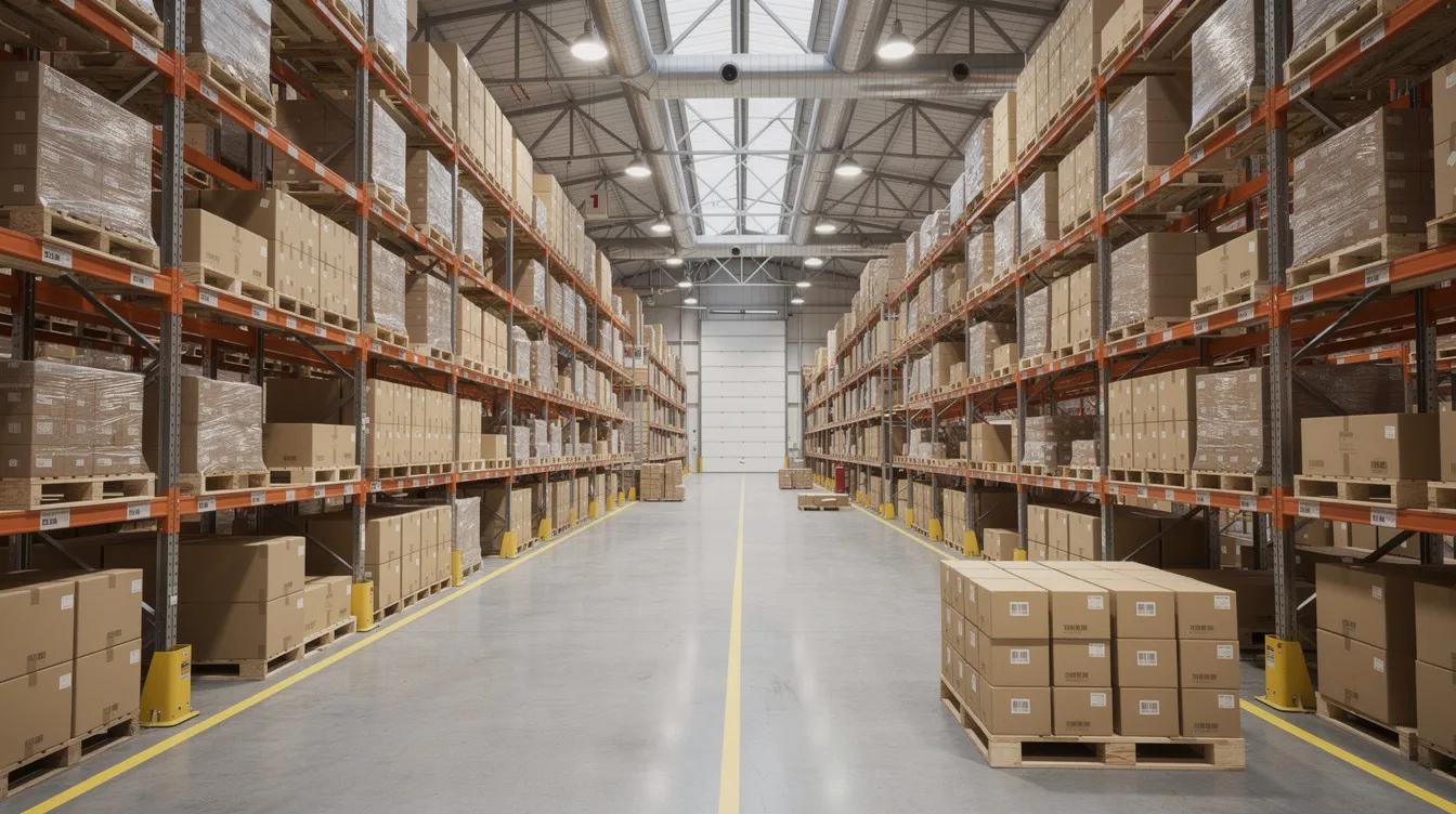 The image depicts a well-organized warehouse interior filled with neatly arranged shelves stocked with packaged products, ready for shipping as part of a dropshipping business model. This setting highlights efficient inventory management, essential for ensuring customer satisfaction and timely order fulfillment in an online store.